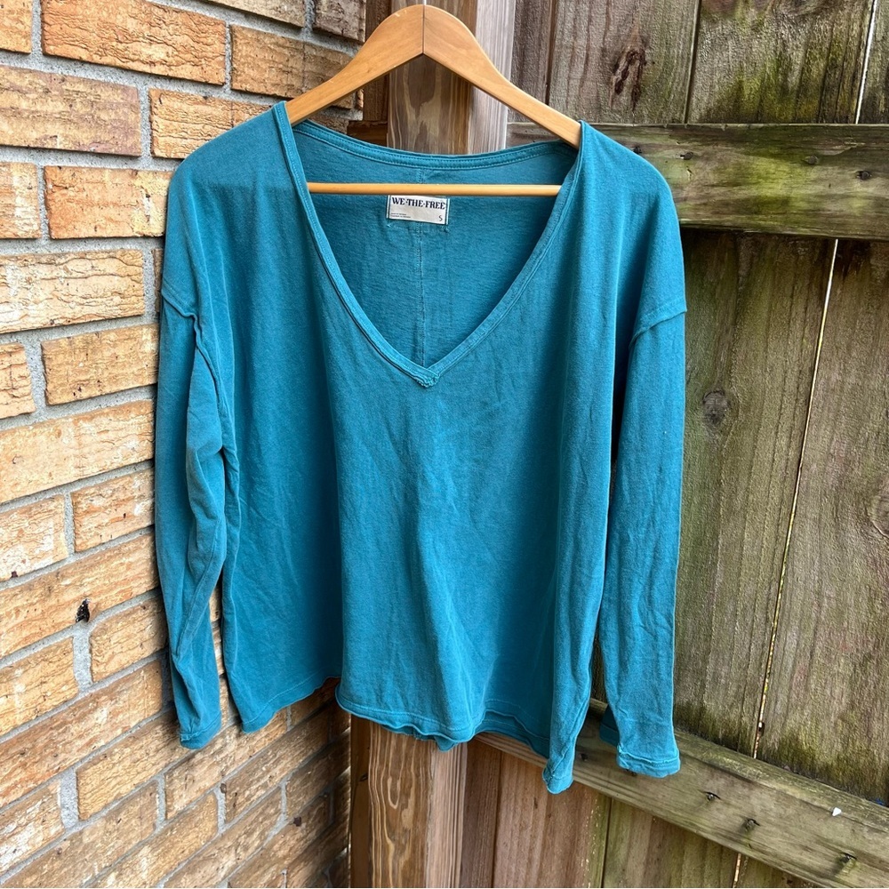 We The Free Teal V-Neck Long Sleeve Oversized Top